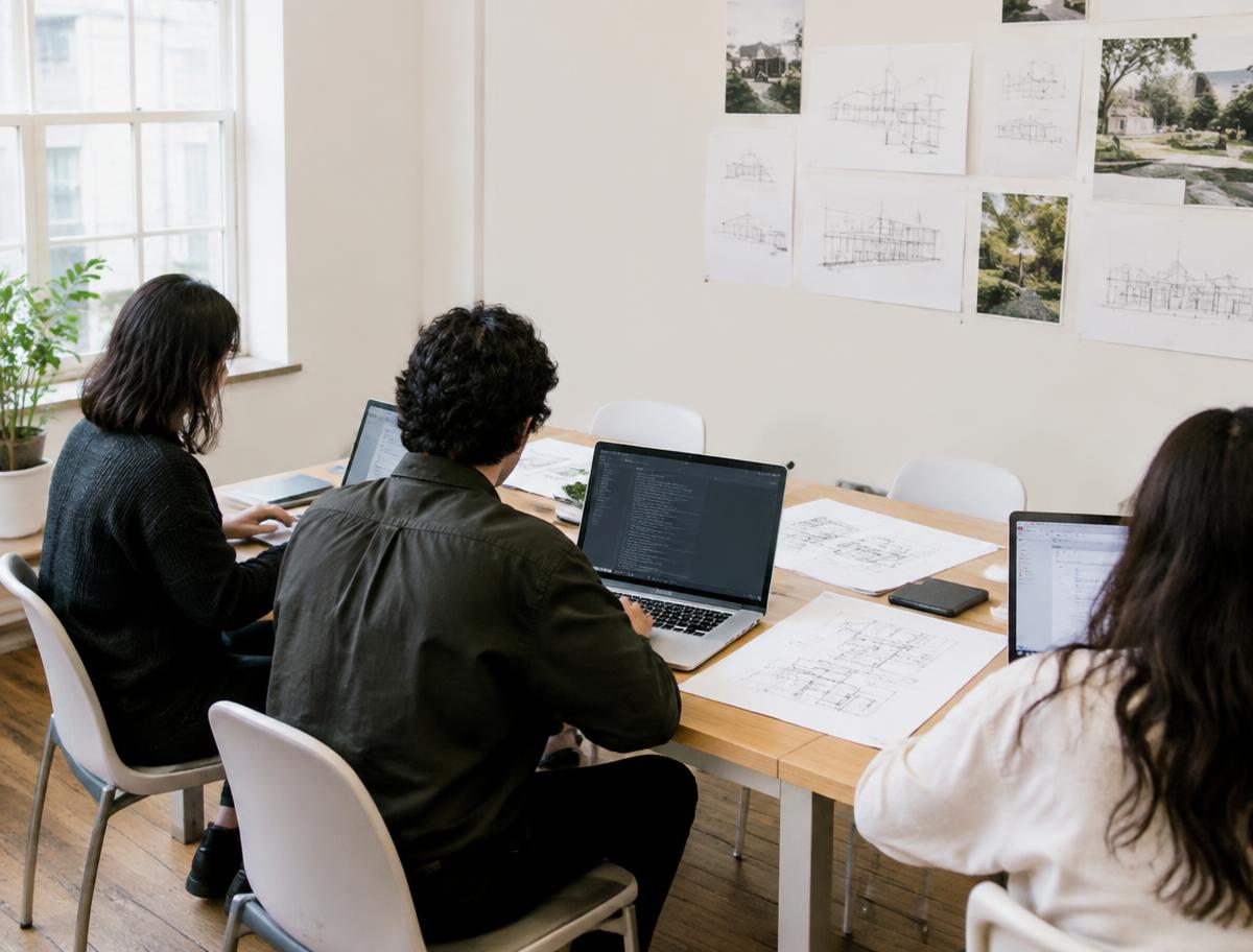 Small team working at a shared table with laptops and printed architectural drawings